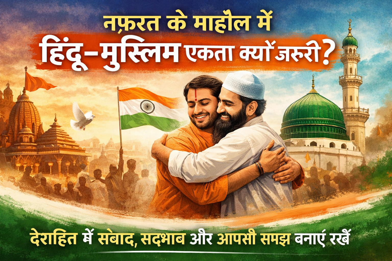 Banner promoting Hindu-Muslim unity in India, showing a temple and mosque in the background with two men embracing and the Indian flag in the center symbolizing peace and harmony.